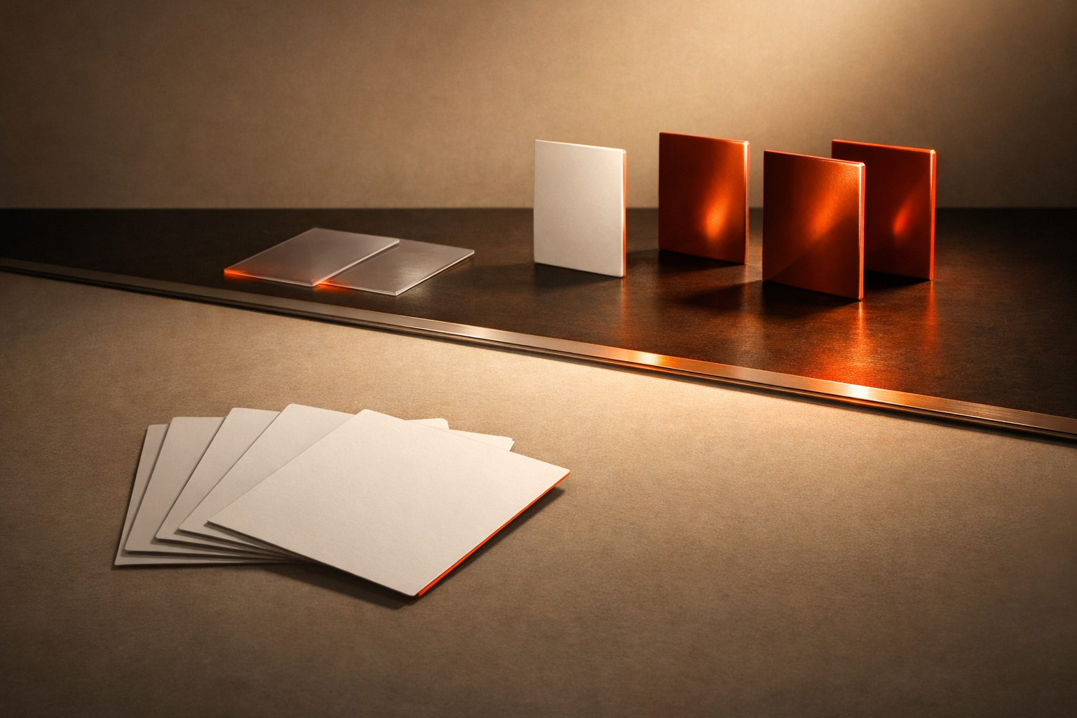 Editorial tabletop with a minimal, horizontal threshold or dividing line (metallic or inlaid wood) bisecting the visual field. On one side, a spread of uniform, stacked offer cards (implied commodity) in matte material. On the far side of the line, a small group of cards stands alone, raised, or in richer, glossier material (premium). A few cards hover in-between, showing ambiguity. Warm light draws the eye across the threshold. Palette: orange and off-white, strong shadow for zone contrast. No text, numbers, or people.