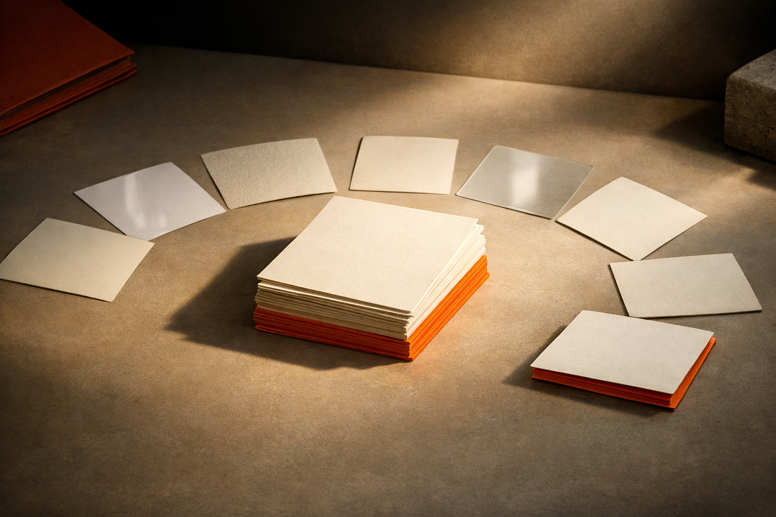 A cinematic editorial still-life of a clean, modern desk in warm light. On the desk: a small neat stack of blank, slightly textured memo sheets sits at the epicenter of radiating, separated offer cards. Each card varies subtly in material—some crisp, some matte, some translucent—conveying 'old' and 'new' value. The light falls most strongly on a single memo page at the center, suggesting centrality of strategic judgement. Generous negative space, no visible text, no people, no screens. Palette: rich orange accents (edges, hints of burnt on-paper), creamy white, and warm neutrals. No visible logos, dashboards, or branded artifacts.