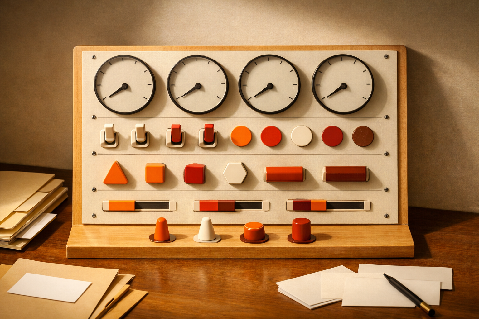 A serious, well-lit editorial desk holds a simple, analog dashboard: rows of blank indicator dials, minimal levers, movable marker tokens—each corresponding to a hidden metric. Indicators are set in a warm acrylic or wood panel, with orange highlight tokens standing out. Nothing digital, no text or numbers, and no human operators present—just objects poised for active review.