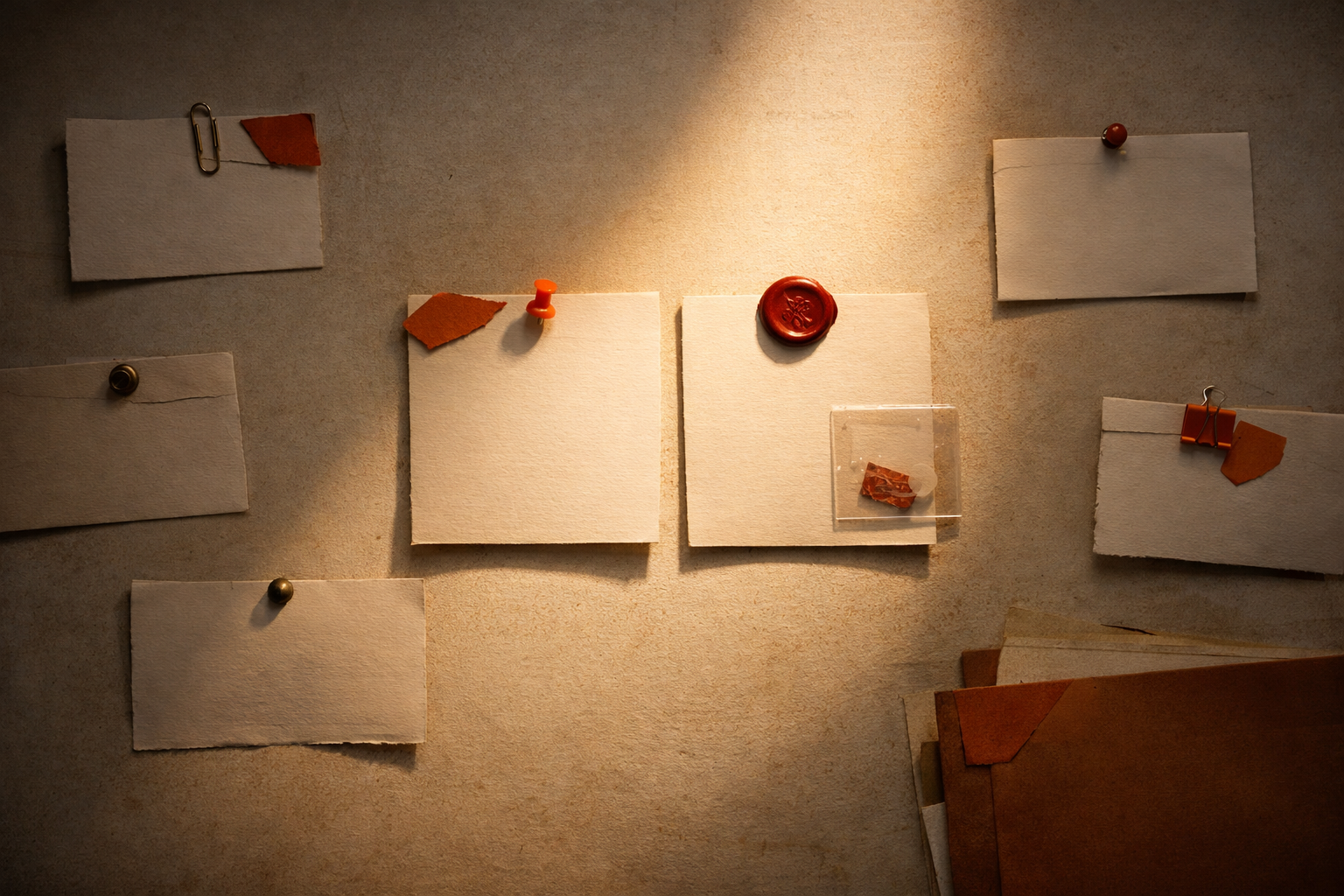 A warm, cinematic still-life: multiple summary cards (no text) are arrayed side-by-side on a review board or heavy paper surface. Each card is attached with a distinctive marker—pin, clip, wax seal—emphasizing authentication. Some cards carry attached evidence artifacts (envelopes, ticket, translucent sheets). A strong, narrow beam of light reveals only a few, suggesting selective, real proof. Palette is warm off-white with burnt orange accents. No people, screens, or writing.
