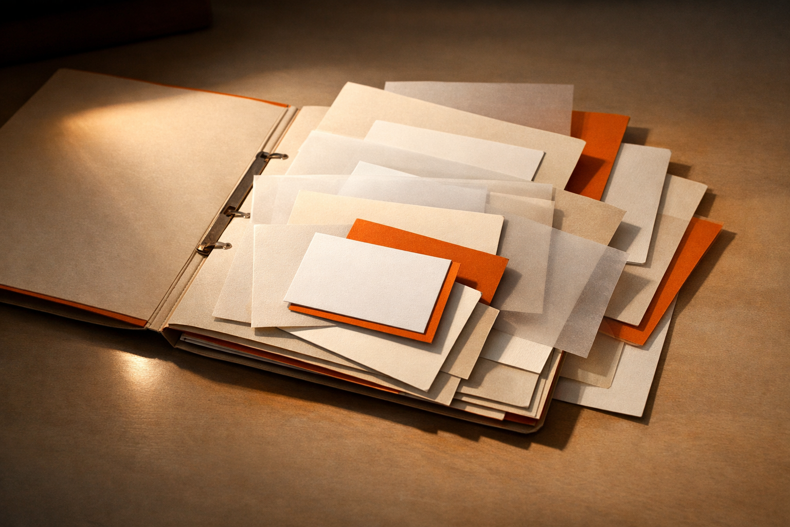 A warm-lit, editorial desktop scene. An open archival folder spills out layers of labelled and unlabeled index cards and translucent sheets. Some cards are sharply focused, others half-hidden beneath layers, illustrating explicit versus hidden offers. Some sheets are clearly marked as different material—vellum, card, paper—without text. Ornate desk lamp outside direct view spills light, emphasizing the reveal of hidden streams. No people, no devices, no visible text, screens, or branding.