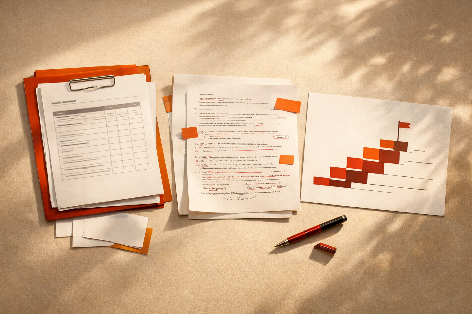 A warm editorial still: audit documents, a marked-up job spec, and a career ladder map are arranged on a clear, uncluttered surface, illuminated by deep morning light. The space feels intentional—inviting attention and honest action.