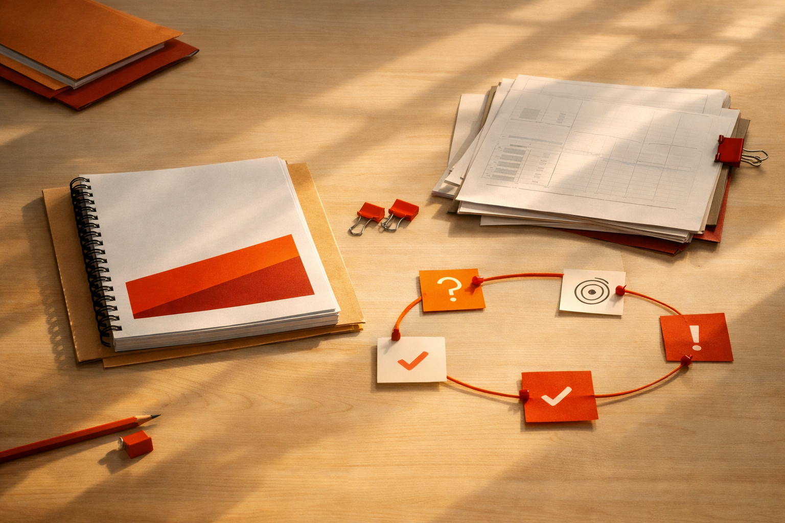 A tabletop in soft, warm sunlight holds a bound pilot report, layered data sheets with charts obscured, and a circle of string linking key artifact elements. No text, numbers, or people. Editorial, narrative, expectant.
