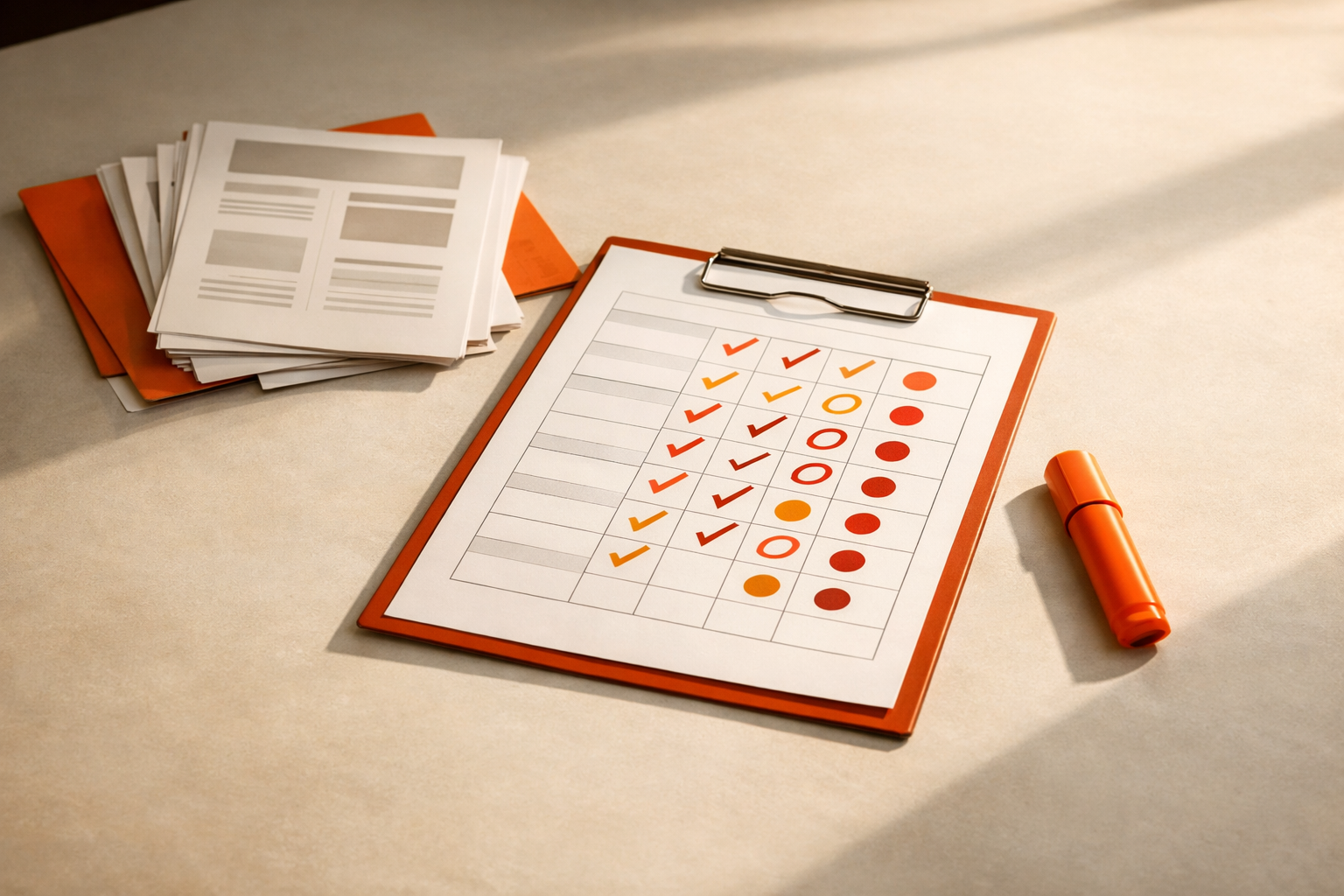 On a clean table, a partially completed role audit sheet is surrounded by anonymized job listings and a brightly colored highlighter. The arrangement evokes systematic evidence gathering for seniorisation.
