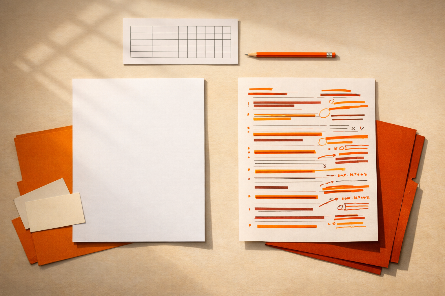 On a minimalist, warm-lit desk, two job description documents sit side by side: one unmarked, one covered in margin edits. An empty scorecard and a pencil rest nearby. The scene conveys the critical shift from routine to judgment-based hiring.