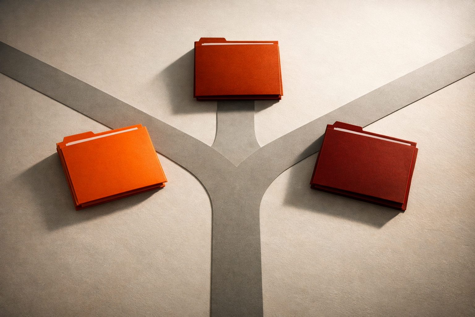 A clean, cinematic workspace presents three color-coded folders—orange, deep orange, burnt—each at a different arm of a Y-shaped divider. The scene captures a moment of singular, committed choice in role actioning.