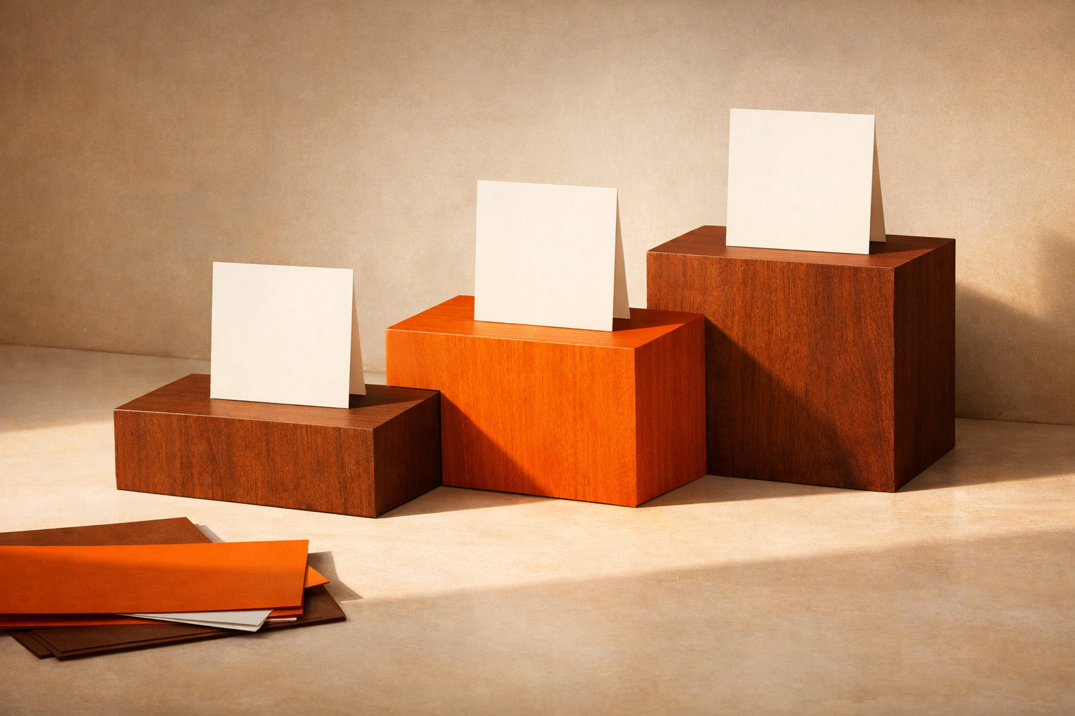 A cinematic side view of three sculptural steps made from warm wood, each with a blank card placed upright at its edge. The steps are taller than a normal staircase, emphasizing bold jumps. The setup feels editorial and modern.