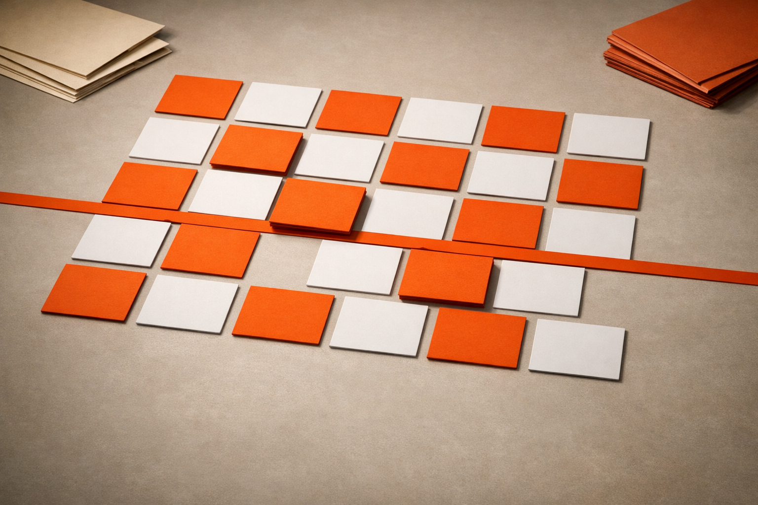 A minimal, overhead view of a grid of thick cards—some orange, some white—carefully arranged on a blank surface. A visible orange boundary line slices through part of the grid, visibly dividing card groupings. The grid hints at assignment and transition, but no content or text is shown. No people, digital devices, or written words.