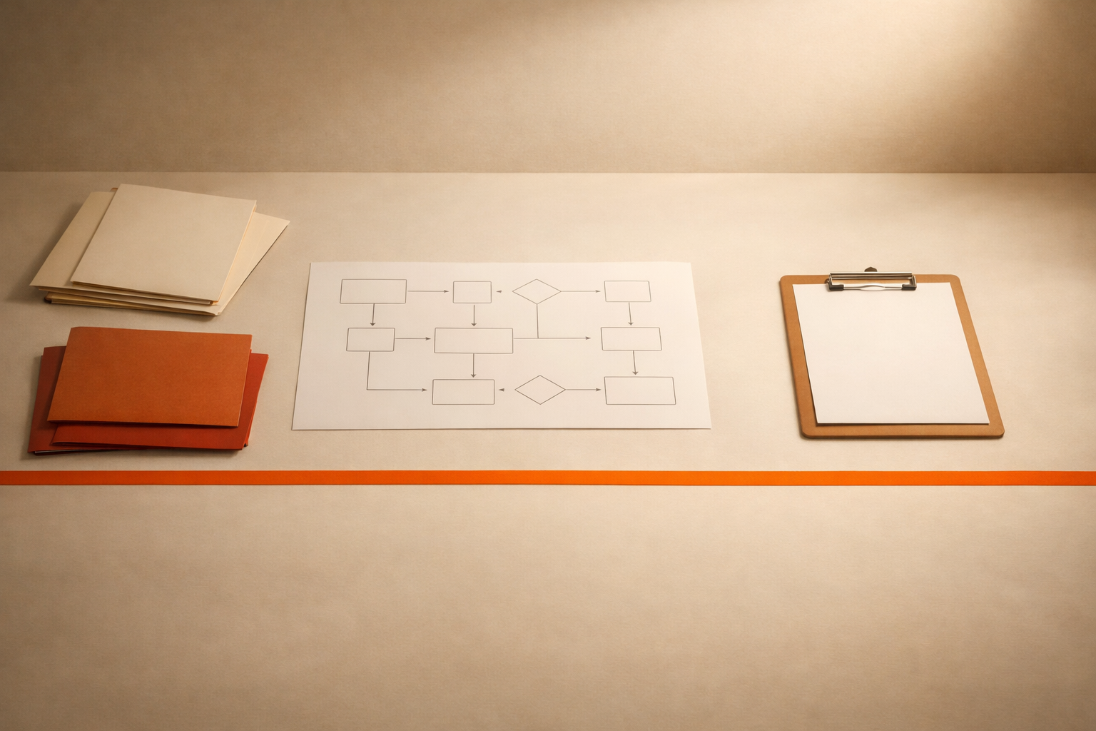 A quiet, minimalist workspace seen from above—a clean desk holds a blank process map, a few empty folders, and a bold orange line divides the space, suggesting impending order and clarity. There are no people, labels, or visible words.