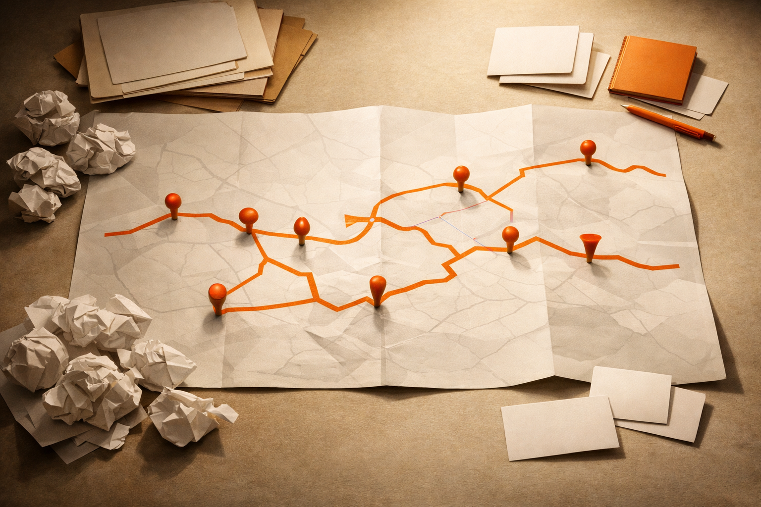 On an editorial table in warm light: a large blank map is spread out, marked by a winding orange path connected with distinct orange pins and branching side routes. Crumpled drafts or rough sketches sit beside the map, suggesting the messy process of discovering real workflows. No people, words, or digital devices.