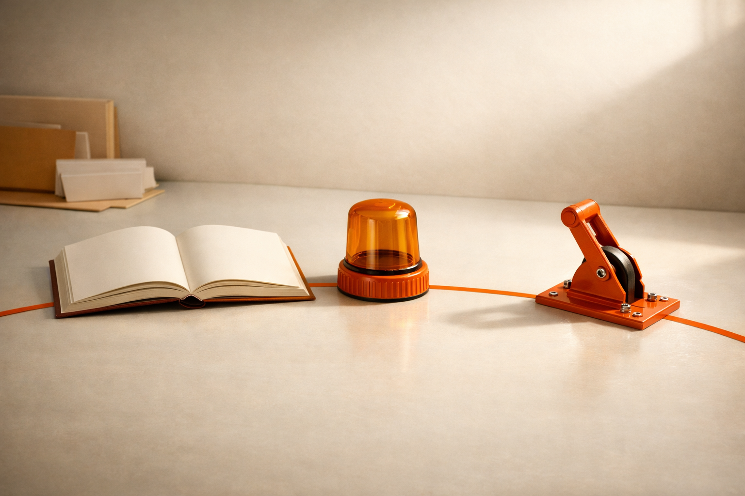 On a neutral, clean desktop in warm light, three objects are spaced in sequence: a blank open logbook, an orange signal beacon, and a tactile reset lever, all separated but aligned by a curved orange line. The setting feels expectant and controlled. No people, screens, or visible text.