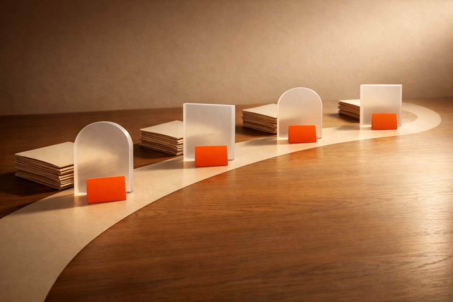 A warm-lit, editorial tabletop with four small, translucent gates or standing dividers arranged along a path, each with an orange-tinted card placed in front of them. The path curves past stacked, nondescript files or sheets, visually representing checkpoints of review. No people, no text, no digital screens. Negative space and material contrasts highlight where human judgement checkpoints are built into the process.