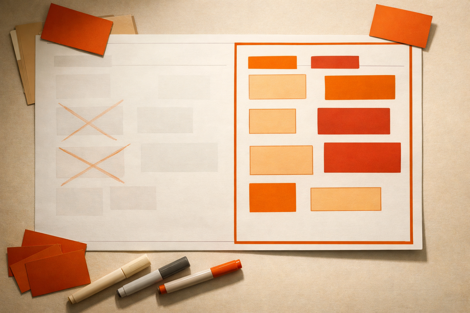 A top-down view of a blank worksheet: two adjacent columns, with the first side faint and pale, the second side stronger and bordered in orange. There are abstract boxes and check marks but no text or numbers. Additional review cards are scattered, with two outdated boxes gently crossed by a stroke of orange. No people or hands, just editorially arranged artifacts on a light surface. Warm shadows and material detail suggest a moment of critical reflection.