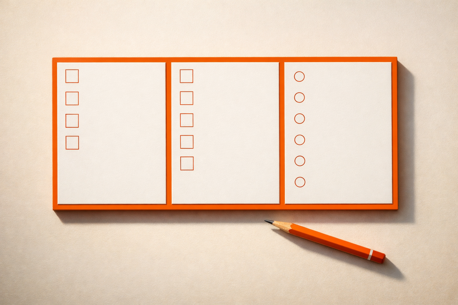 A minimal, tri-partite card or worksheet on a clean background, physically divided into three sections with slight elevation, each section rimmed with orange. Blank but for tick-boxes or dots (no text or numbers), suggesting judgement, verification, and originality. A sharpened pencil rests nearby. No people, screens, or digital UI. Editorial composition, focused light draws attention to physical separation and structure of rubric space. Palette: white, off-white, orange, with shadow for depth.