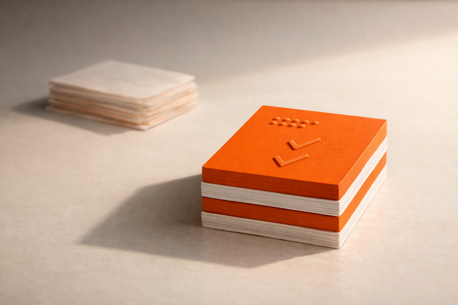 On a clean, sunlit table: a small, neat stack of heavyweight orange and white cards marked with abstract dots or check marks, alongside a faded, thinner set of cards pushed aside. There are no words or numbers. The prominence of the new stack signals readiness and rigor; the faded cards signal what’s being left behind. No people, no hands, no device screens. Editorial composition, restrained palette, strong natural light.