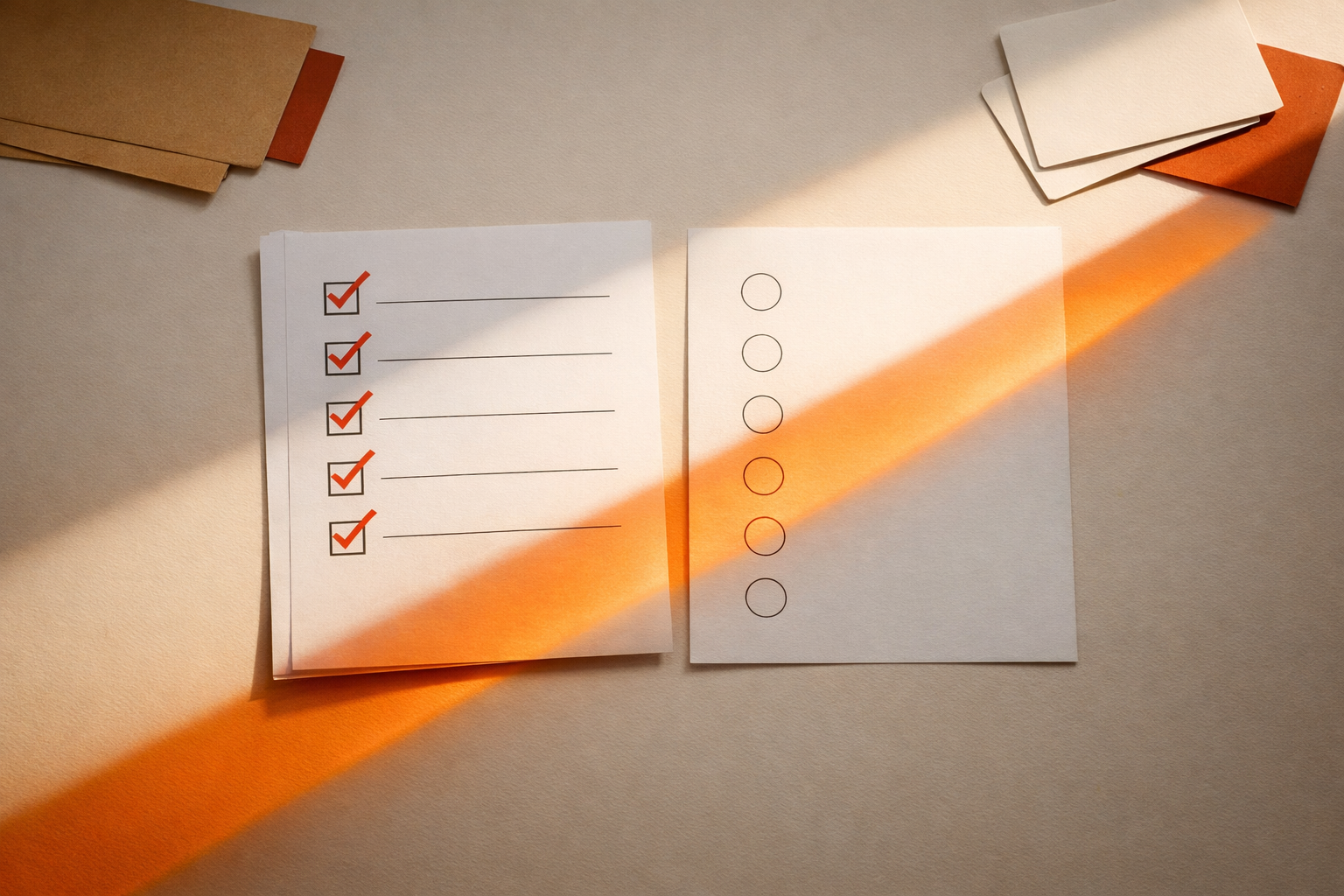On a pristine, editorial table: a checklist with completed check marks, a separate blank survey sheet with empty circles, and a beam of orange light crossing both, forming a subtle arrow pointing off the surface. No visible people, handwriting, text, numbers, devices, dashboards, or logos. Composition focuses attention on the tracking and feedback objects, with negative space and warm, directional light.