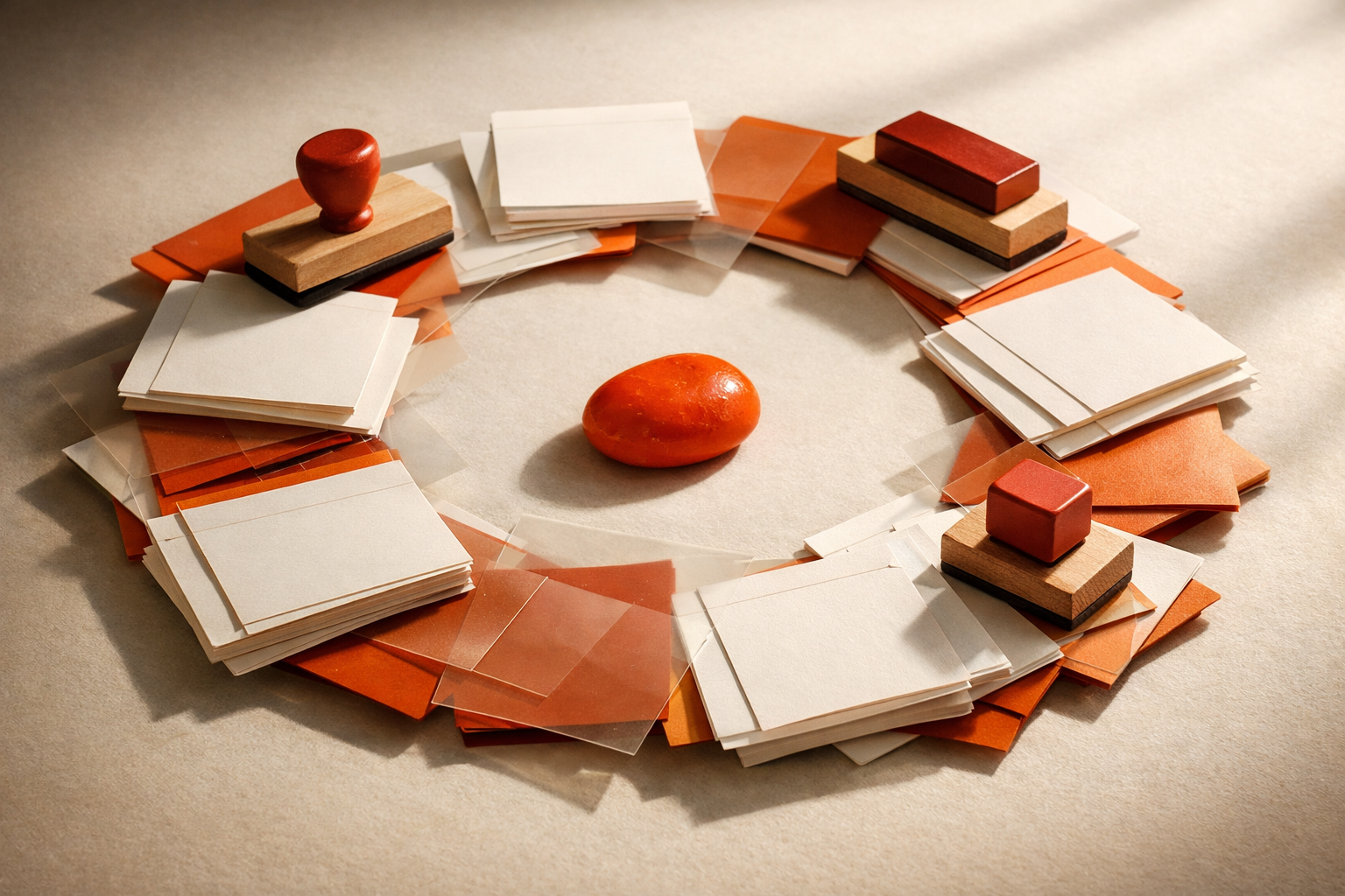 Cyclic arrangement of checklist pads, blank rubber stamps, and overlays forming an evidence loop, with a red-orange marker as a visible flag in the center. No people, text, or charts.