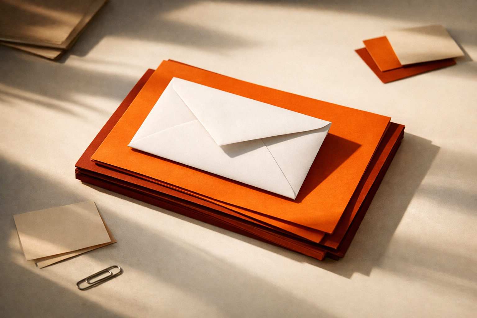 Folded envelope and orange document stack representing a decision memo, arranged with purposeful light and shadow to highlight focus and closure. No characters or visible text.