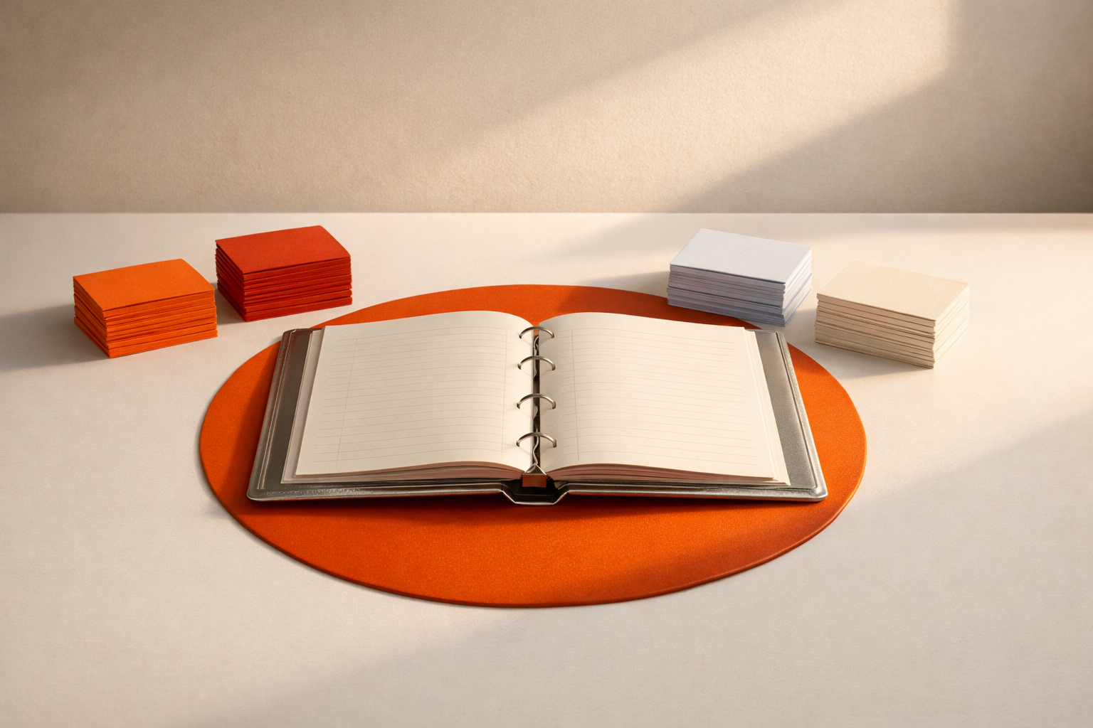 Visual ledger scene: open metallic ledger, blank index cards piled separately for agents and PRs, resting on a circular matte orange area. No people or text.