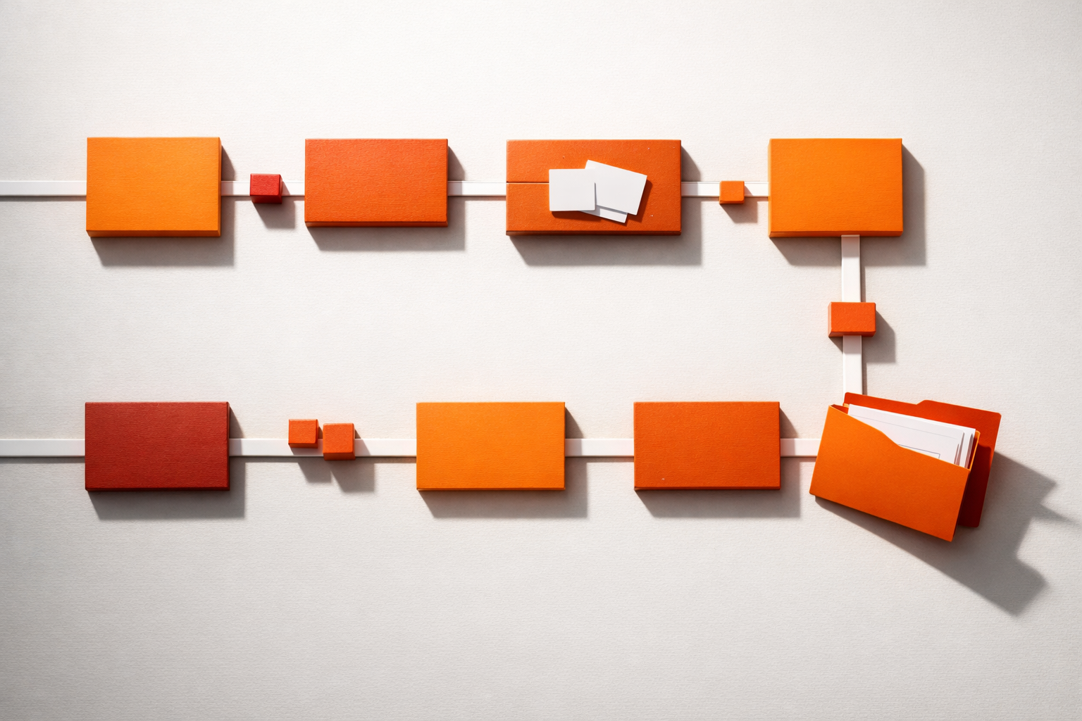 Physical workflow map built with orange tiles and white connecting strips, showing a sequence of steps and marked slowdowns for coding agent adoption. No visible text or screens.