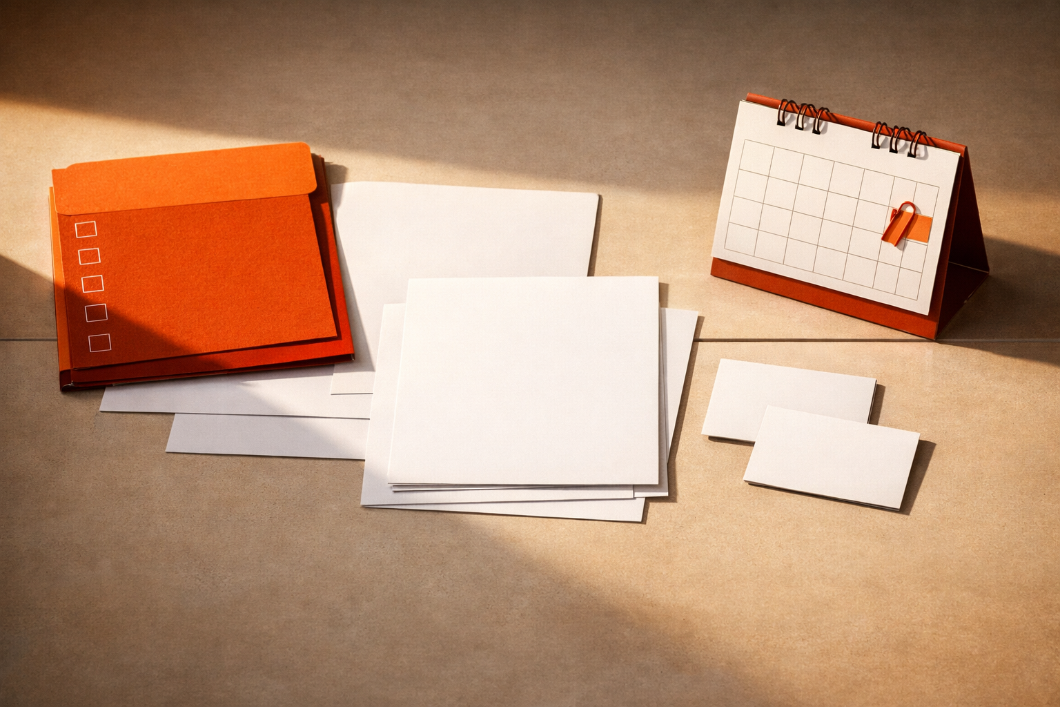Unattended workspace with neatly arranged blank compliance documents, a stack of labeled folders, and an open calendar showing a marked upcoming deadline—set in warm, editorial light with orange and neutral tones. No people or text.