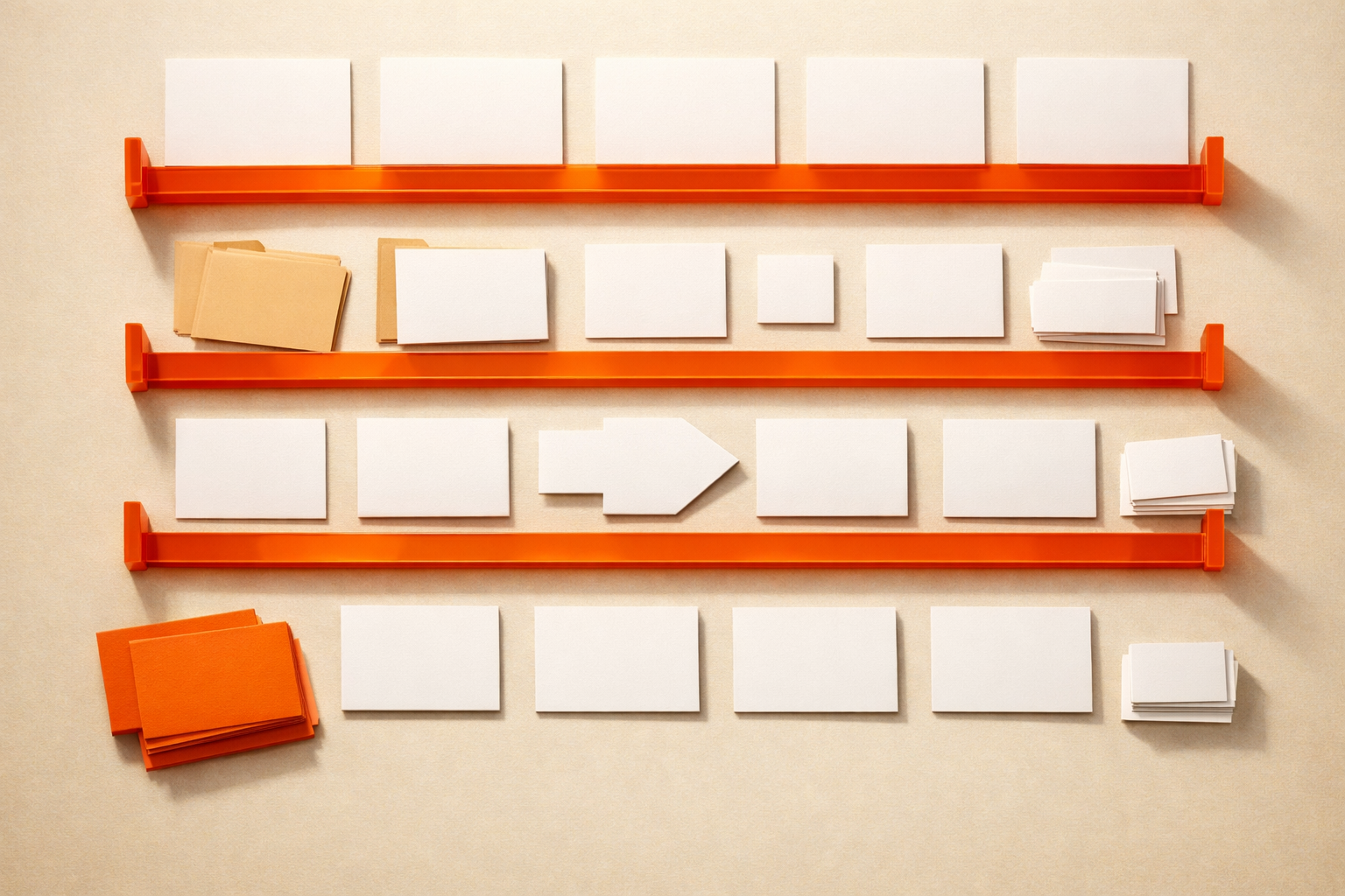 Editorial diagram scene showing a set of unmarked white cards, each in its own lane, separated by bold orange dividers—each lane represents a class of AI risk. Warm light, neat arrangement, no text or people.