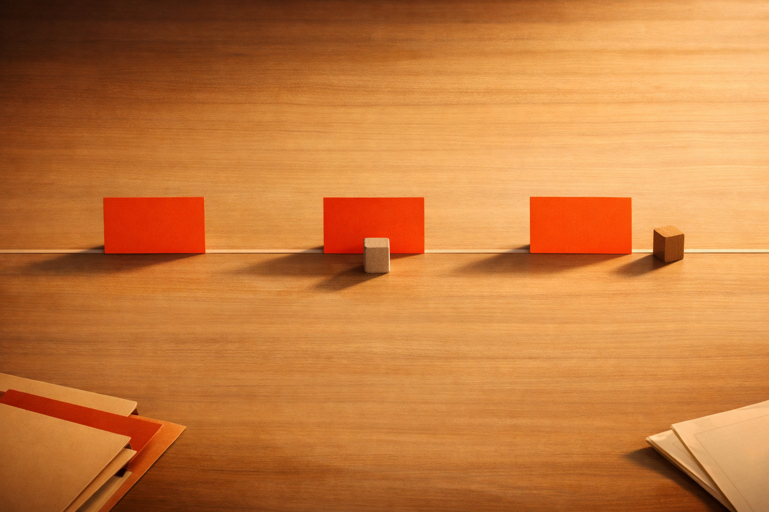 Three bright orange index cards spaced along a pale timeline track, two upright paperweights marking point-in-time reviews—set on an uncluttered warm table. No people or text.