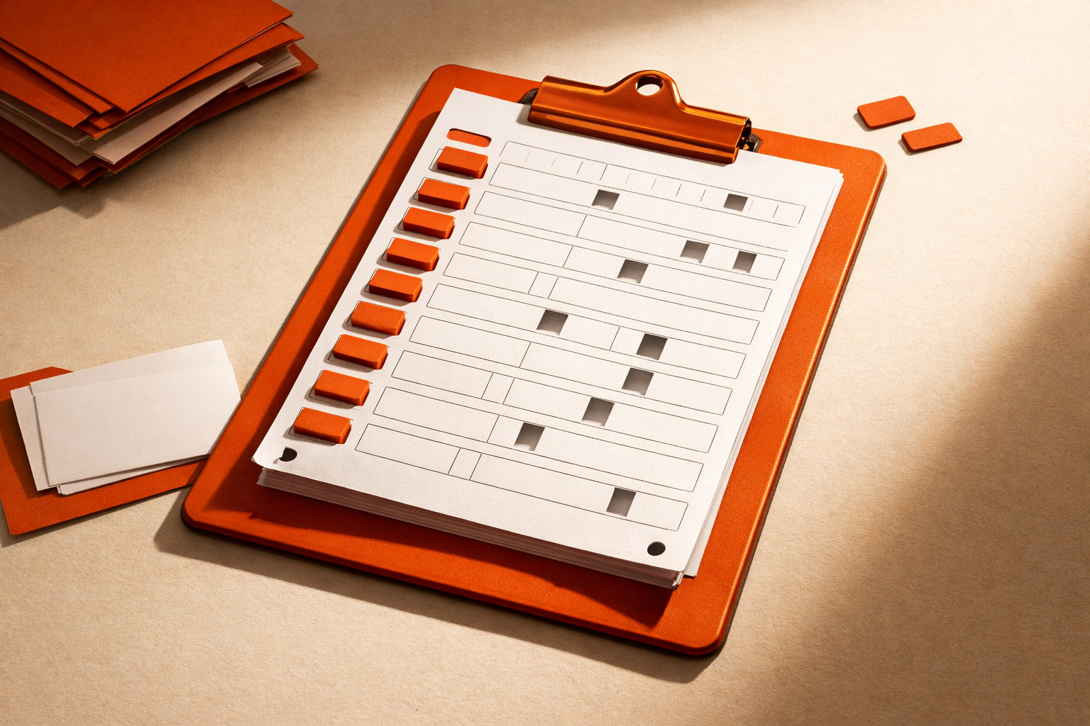 Blank checklist card with a few slots marked (no actual writing), some filled with orange markers, some with gaps, attached to a burnt orange clipboard. Warm light, deep shadows, no visible people or text.