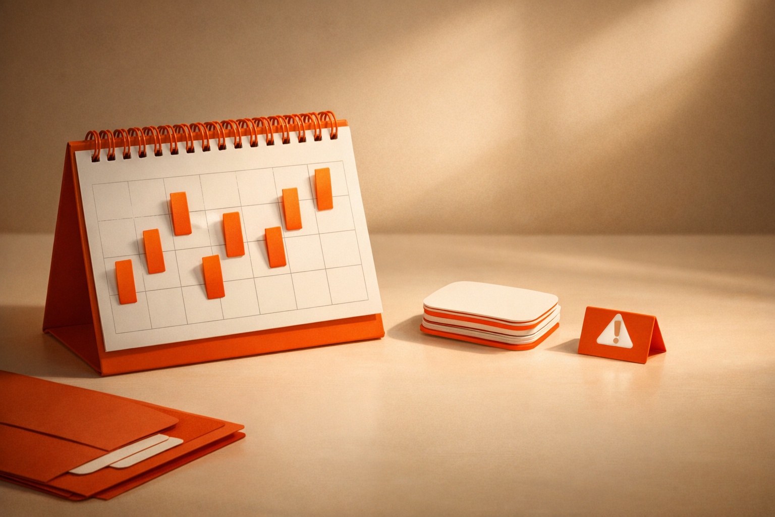 Editorial workstation view showing a physical desk calendar open to a bimonthly spread. Several bright orange markers and blank name tags, plus a single alert tab rest beside it. No writing, text, or people. Warm, focused light.