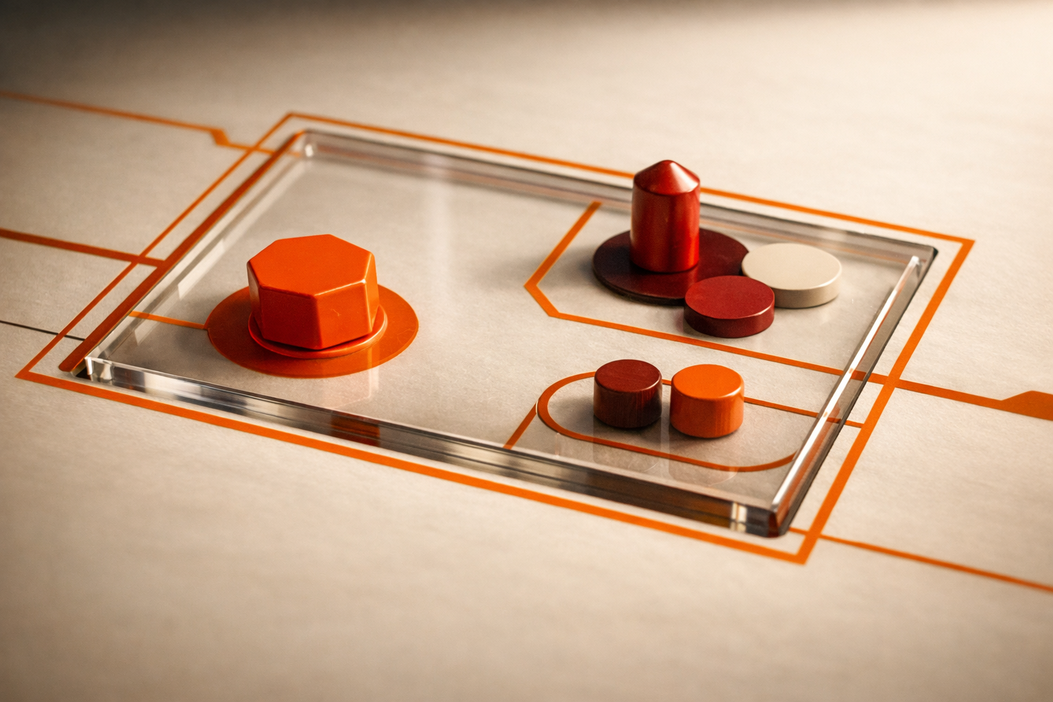 Cinematic, editorial close-up: a glass-edged tile or card, embedded in a workflow board, encircled by thin orange lines forming boundaries. Small physical tokens mark 'authority', 'log', and 'stop' positions—one with a bright stop signal. Materials suggest reviewable, editable structure, warm and grounded. No words or numbers.