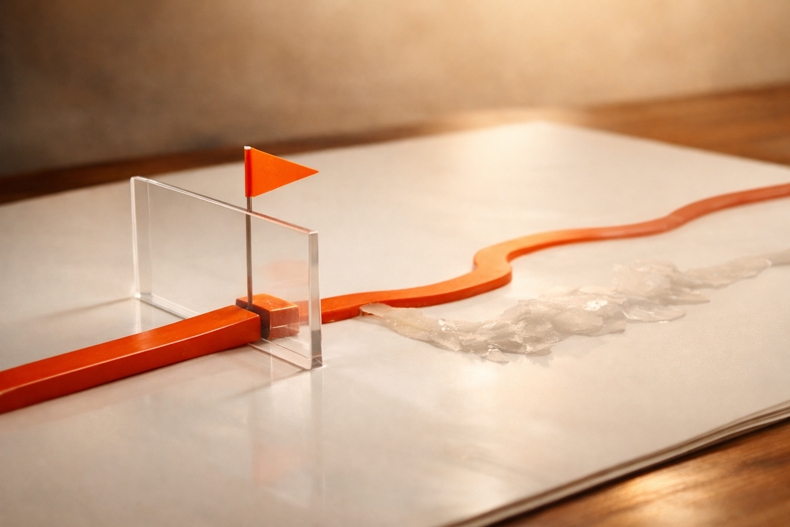Editorial side view: a workflow board with one step interrupted by a small, transparent barrier and a vivid orange flag. Nearby, a secondary, lower-fidelity path is demarcated with a lighter, translucent material, showing an honest degrade. No text, just the flow logic and clear boundaries. Tactile light and strong focus on the transition between steps.