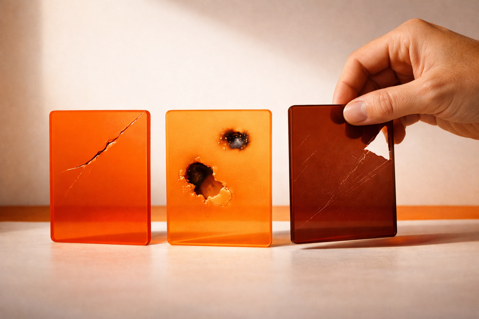 A cinematic spread: three translucent cards—orange, mid orange, burnt brown—laid side by side on a white surface. Each card has subtle physical marks or cutouts denoting quality and risk (some smooth, one with visible chips or gaps). A hand raises one card, highlighting investigation. Light falls from the side, emphasizing differences between the layers and the scrutiny applied.