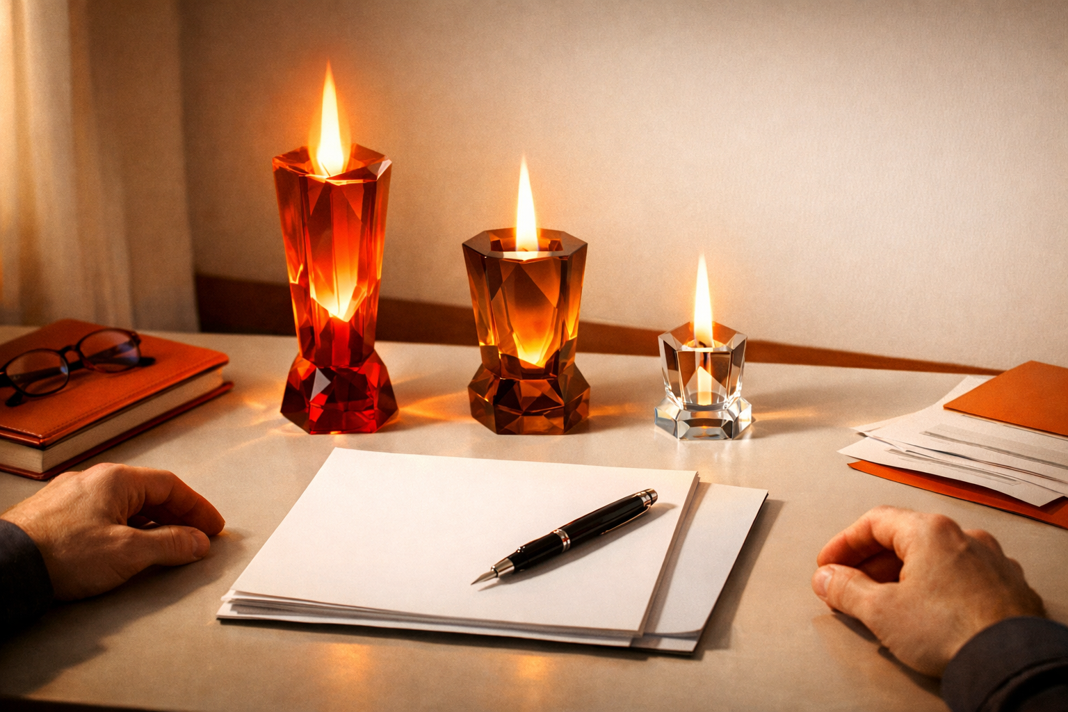 A stylized editorial scene: a wide, warm-lit table with real-world objects representing decision-making—blank document pages, a pen half-poised, and three geometric torchlike glass forms symbolizing Sol, Terra, and Luna. The table is surrounded by gentle shadows, emphasizing clarity emerging from ambiguity. No visible text, logos, or screens.