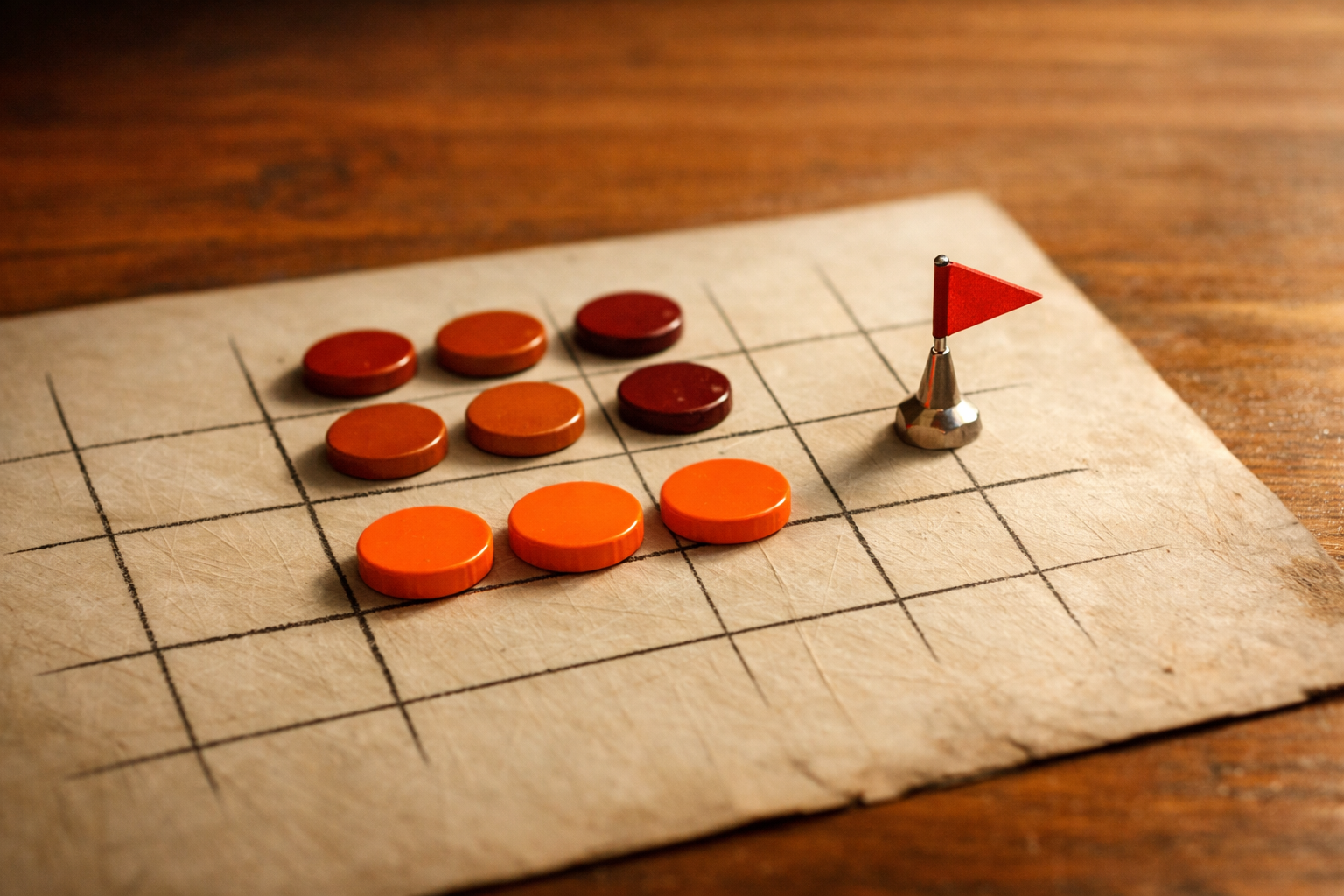 A close-up, slightly angled shot of a handcrafted matrix artifact—row lines etched into white paper on orange-tinged desk, three simple colored tokens (deep orange, mid orange, burnt brown) aligned in rows at key points, with one row flagged by a small metal marker to show risk. Editorial depth, no text or numbers, workflow is abstracted by order and placement.