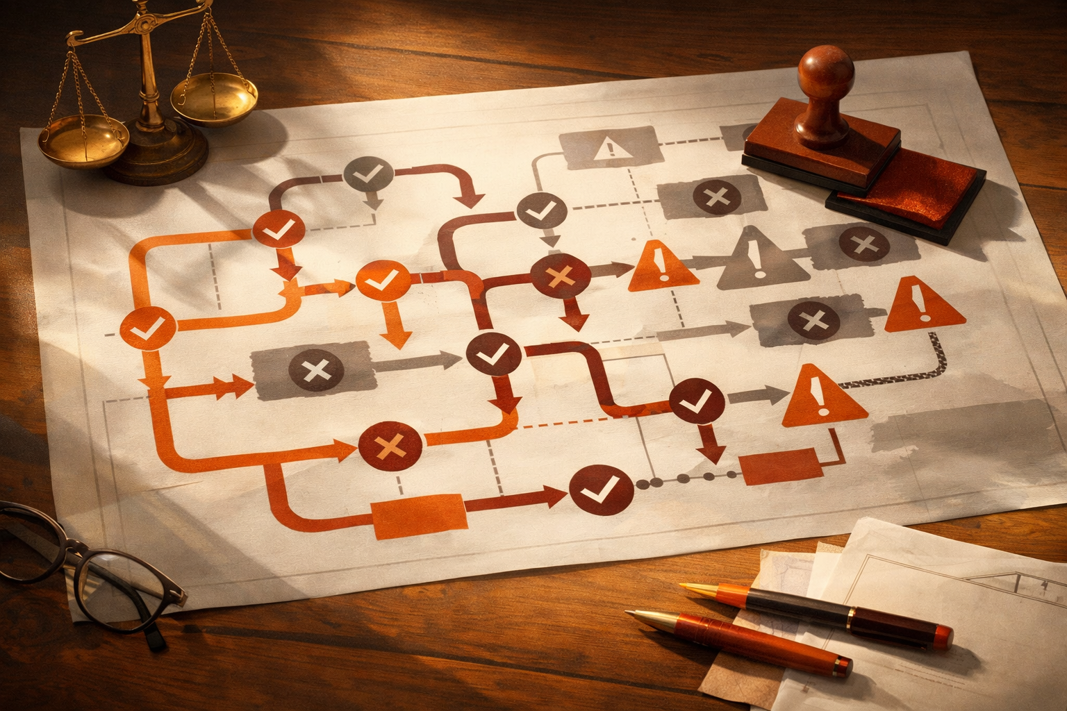 A cinematic editorial visual of a model/source map sheet spread across a work surface, with clear, distinctive pathways and some marked detour or caution symbols (abstract icons, not words or logos). Key parts of the map stand out in vivid orange, drawing the eye to open options; blurred or shadowed areas suggest unclear or risky paths. Objects like a legal scale or a review stamp reinforce the due diligence theme. Very warm, tactile palette: orange, deep orange, burnt red, and white. No visible text, logos, or numbers; no people or screens.