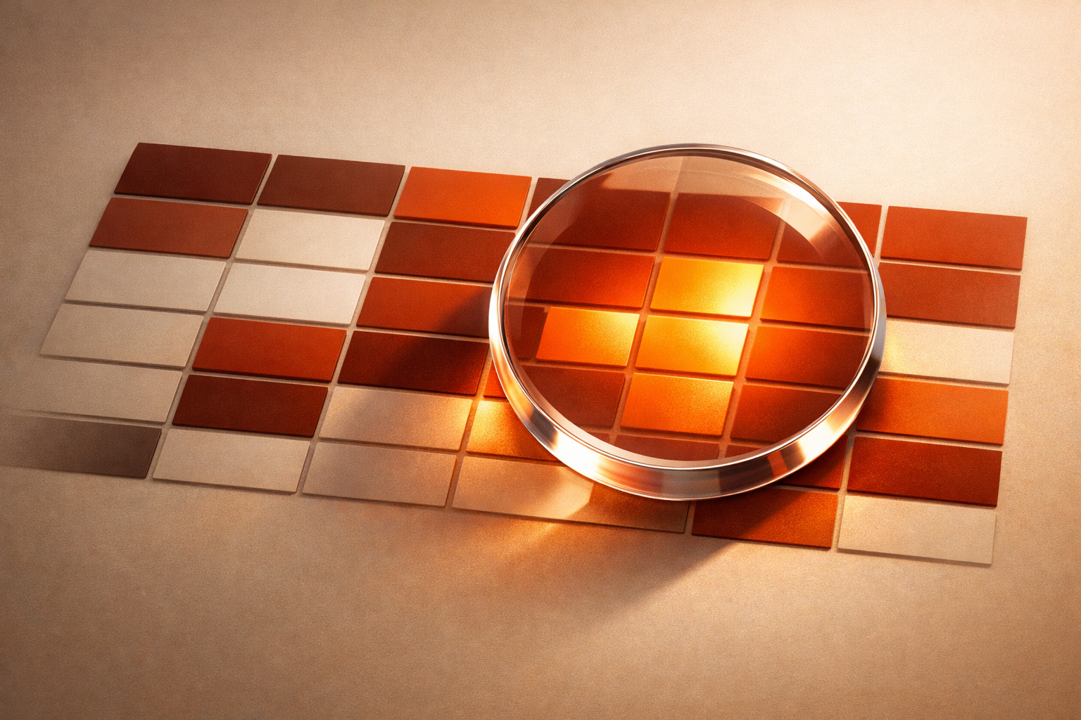 A minimalist editorial diagram: an abstract cross-grid matrix rendered in warm orange, with several bold, in-focus cells illuminated (suggesting optimal fit) and others in muted shades. Soft shadows and curved forms evoke business and technical factors intersecting. The background is white and Light Warm. The matrix sits slightly off-center, with a floating glass lens or spotlight emphasizing fit - no text, numbers, logos, dashboards, or people.