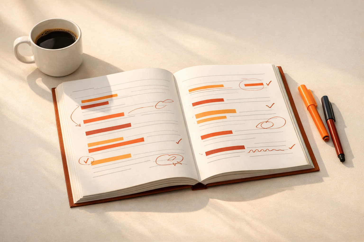 An editorial illustration of an open, minimal glossary document on a table, with pages marked and annotated, suggesting careful review and collaboration. Warm, directional light picks out highlighted terms and handwritten notes (no visible words or letters), evoking clarity and rigor. Around the glossary, subtle objects like a coffee cup or two different-colored pens hint at collaboration between technical and non-technical peers. Dominant is the Roast & Rise orange palette, with white and neutral warm tones; no visible text, numbers, logos, or screens.