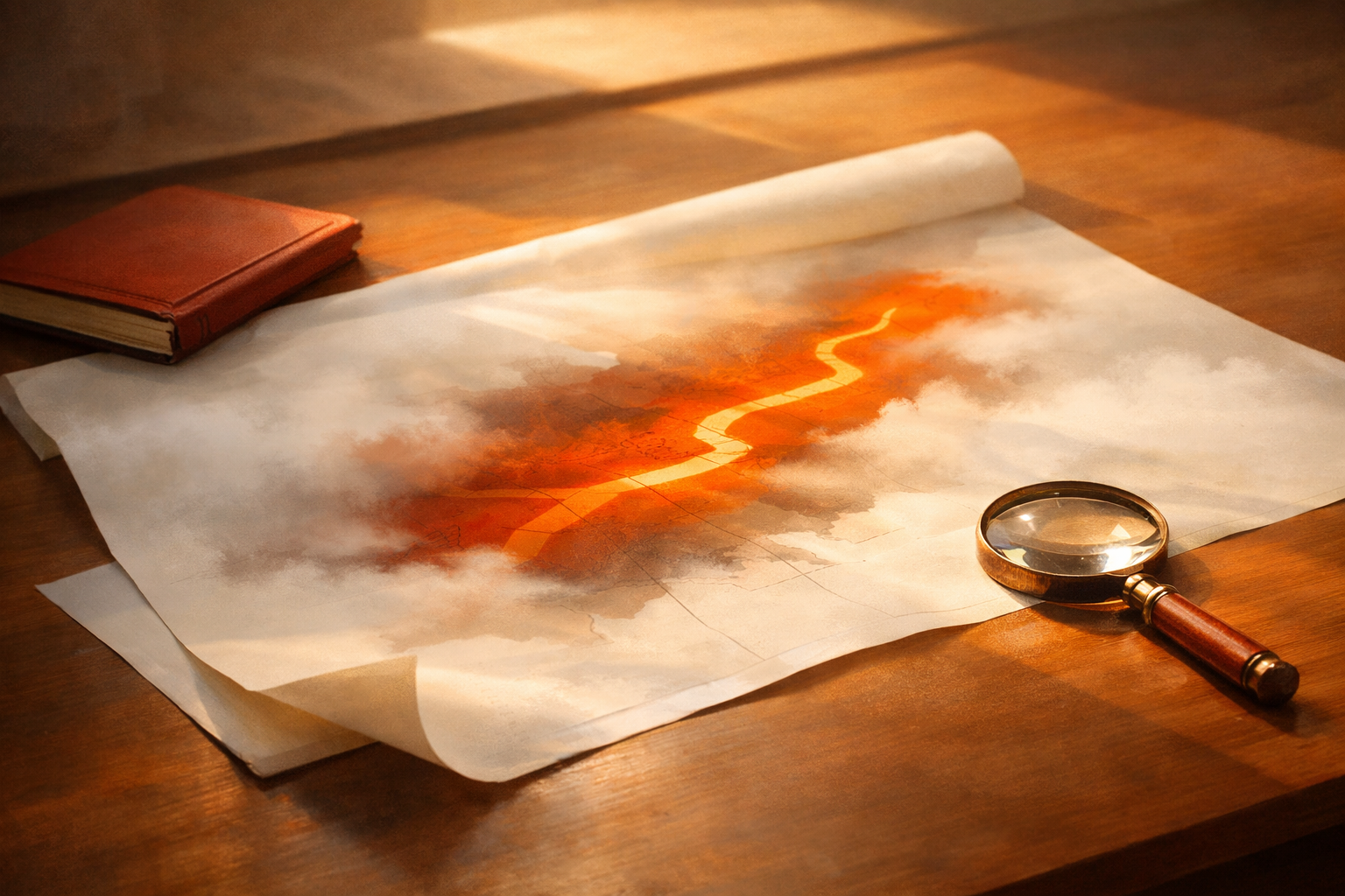 A cinematic editorial scene with a clean desk set in soft, Renaissance-inspired light. On the desk: an abstracted map, partially rolled out, with a warm, bright orange section highlighting a clear path through a foggy, undefined area. In the background, a subdued, open notebook and a practical tool (like a magnifying glass) signal investigation and clarity. No people, text, charts, or logos present. The palette journals Roast & Rise's orange, deep orange, and burnt tones with generous negative space and editorial shadow. The scene invites the viewer into a journey of discernment, possibility, and action. No visible UI, screens, or product likeness.