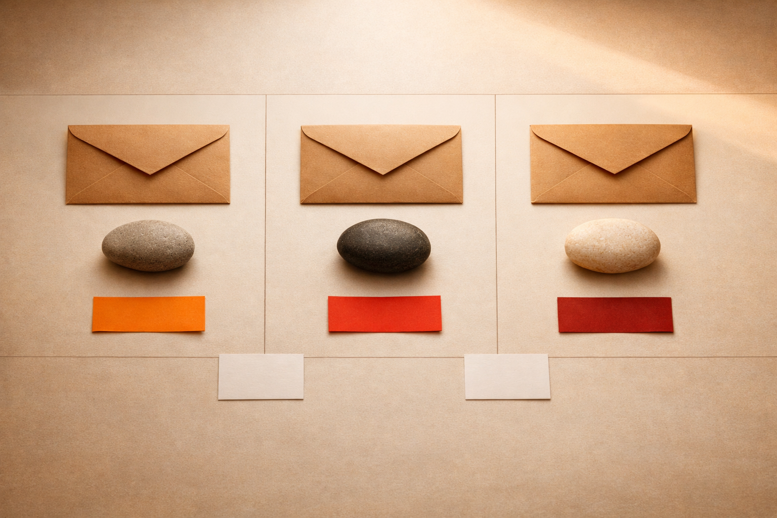 Overhead editorial illustration of a physical scenario canvas split into three sections, each with a closed envelope, a stone, and a colored paper slip—arranged intentionally on a warm orange-lit surface, no humans present.