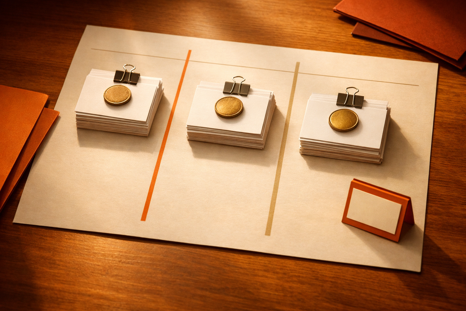Still life showing a sleek one-page sheet divided into three columns, each with blank cards and a token on top, under orange editorial light—emphasizing public, organized commitment. No people present.