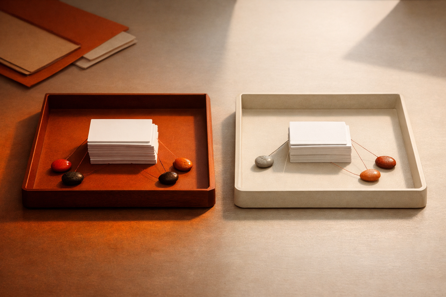 Still life of two trays on a workspace—one with a stack of cards under bold orange light (irreversible), one with fewer cards in softer light (reversible). Colored pebbles beside trays hint at scenario links. No people, just intentional object placement.