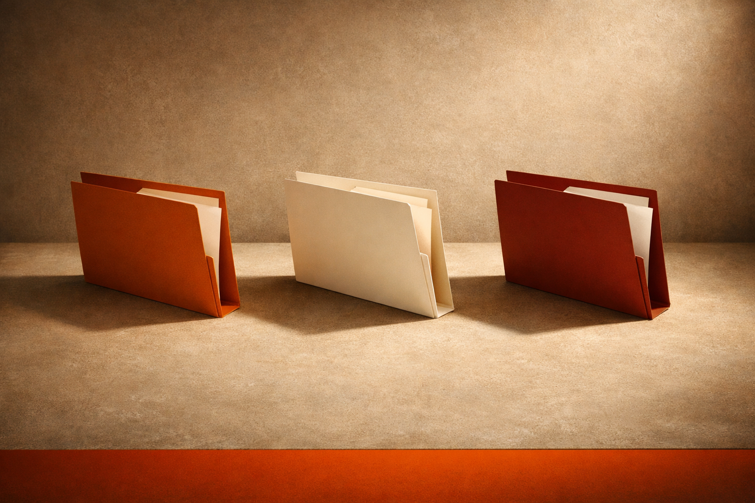 Editorial still life of three slightly open scenario folders on a warm-lit surface, each folder casting a shadow, beside a minimalist orange accent—all objects, no people, conveying readiness for strategic work.