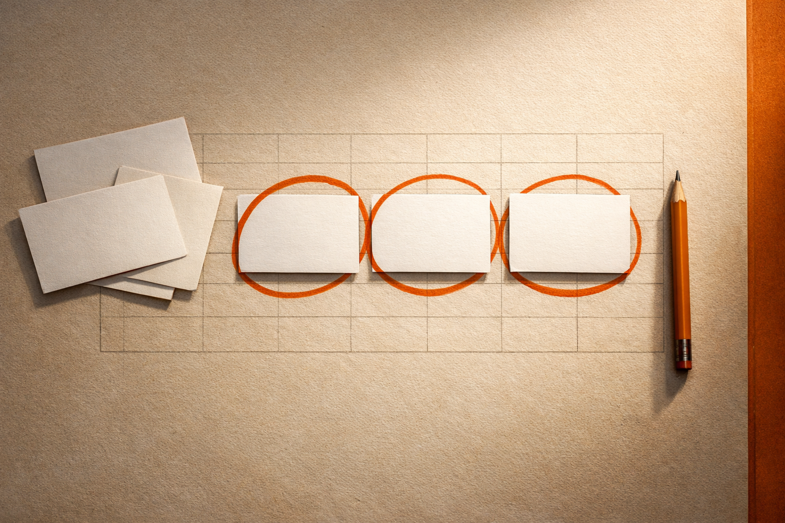 An editorial view of five blank index cards above a paper filter grid; three cards are distinctly circled, the others left aside. The composition is warm and clear, with soft shadows and no people, highlighting selection and judgment.