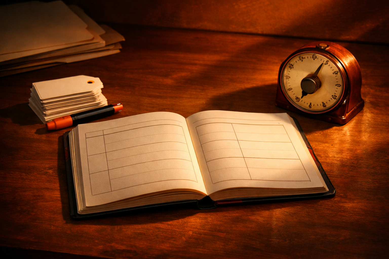 Editorial arrangement of an open logbook, blank signal tags, a marker, and a small analog timer on a warm-lit desk—no people, emphasizing monitoring, checkpointing, and disciplined review.
