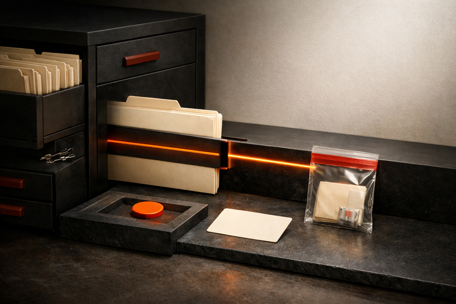 A broad field of sealed data folders narrows through one controlled aperture into a small read-only evidence pack with a separate approval token.