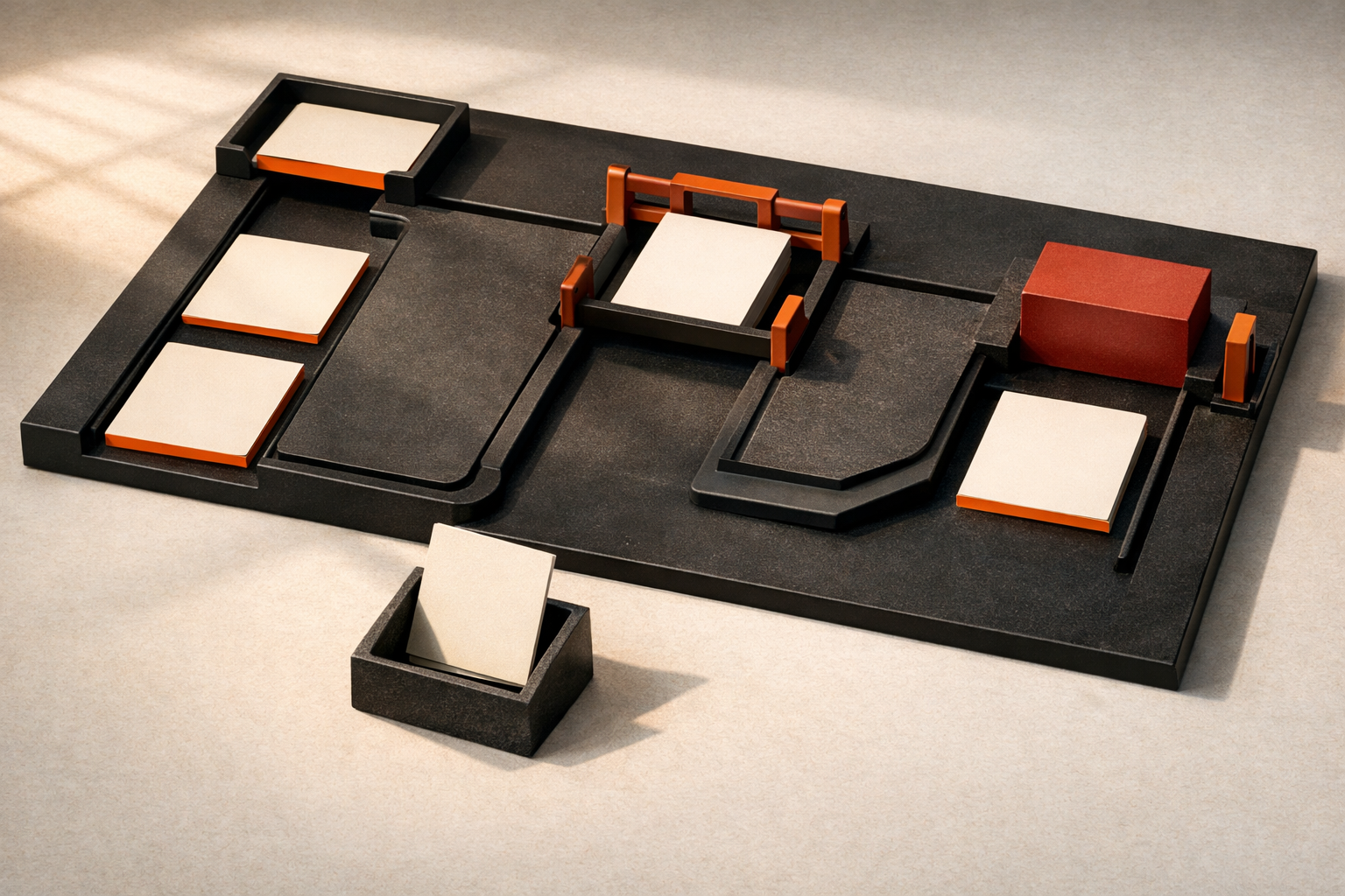 Blank tool cards are routed into separate physical lanes, with one path open, one crossing a review threshold, and one ending at a firm stop.