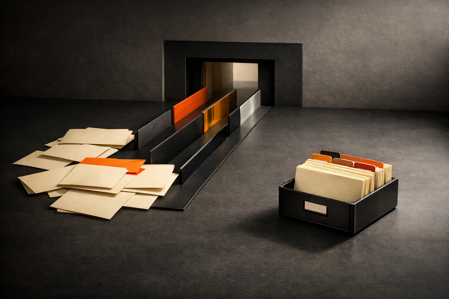 An ordered path of blank document artifacts moves from a scattered work surface through defined channels and a review threshold toward one neatly filed tool record.