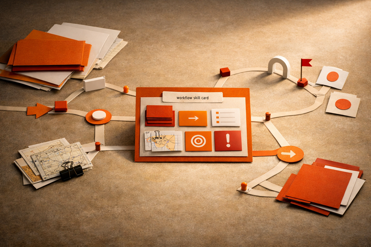 An unoccupied editorial still life for From Chat Prompts to Agentic Workflows: Workflow Skill Card - Package Memory and Review, shown through abstract documents, decision gates, warm orange light, and empty space with no visible text or people.