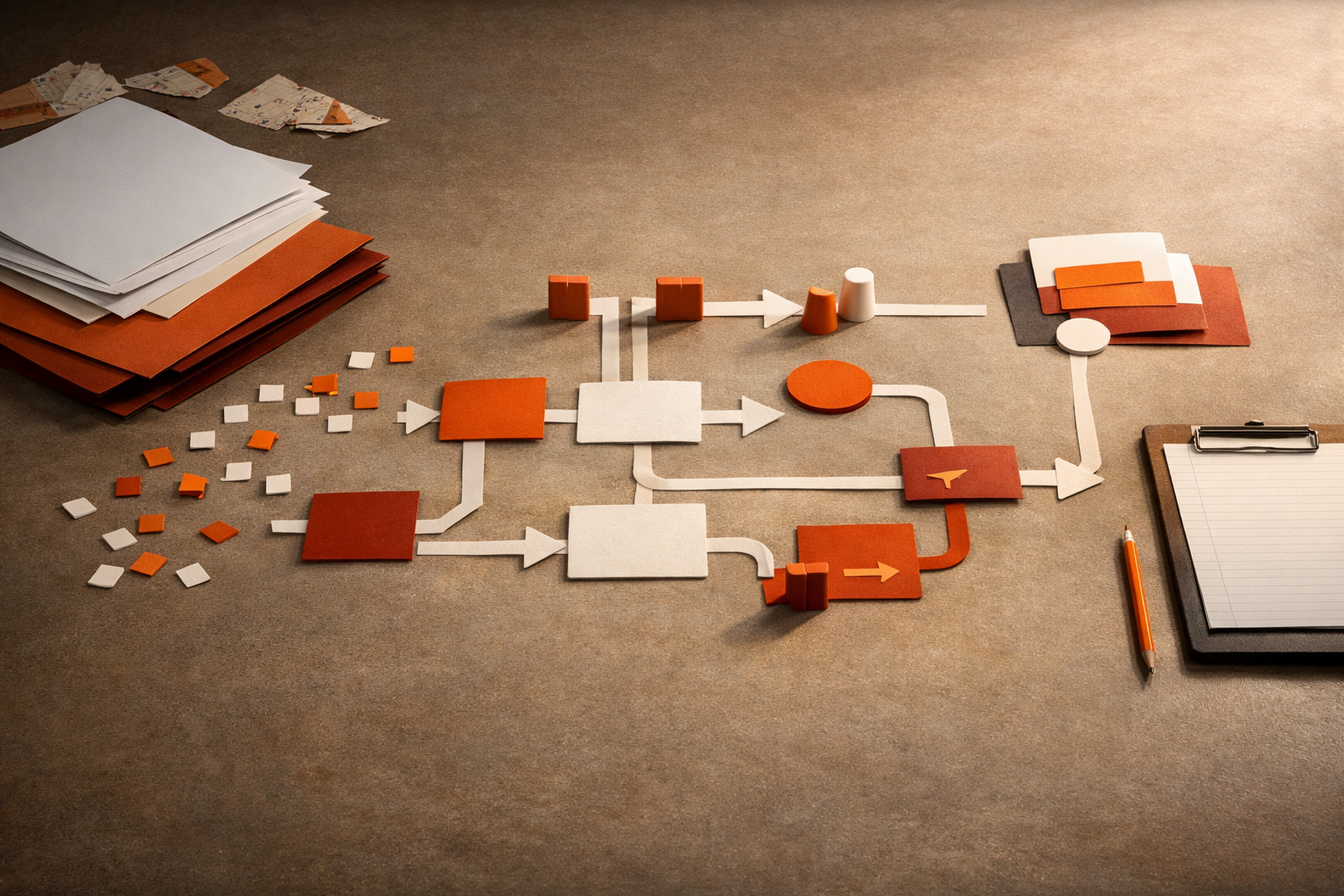 An unoccupied editorial still life for From Chat Prompts to Agentic Workflows: Map Five Real Workflows - Agentic Work Map, shown through abstract documents, decision gates, warm orange light, and empty space with no visible text or people.