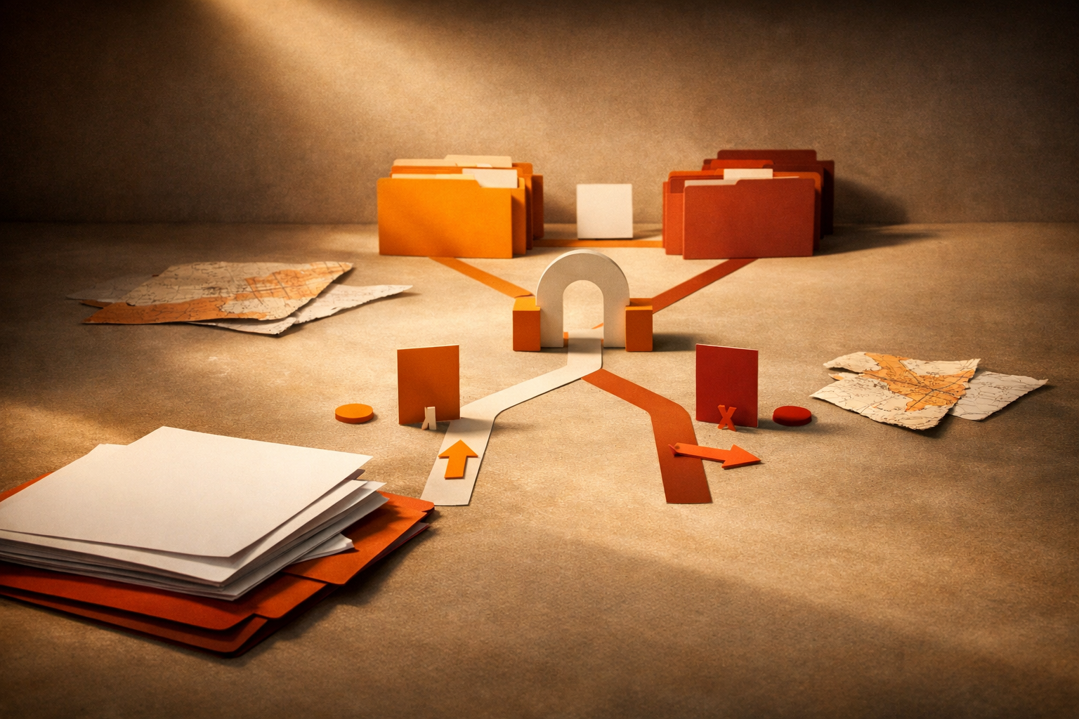 An unoccupied editorial still life for From Chat Prompts to Agentic Workflows: From Chat Prompts to Agentic Workflows - Cover, shown through abstract documents, decision gates, warm orange light, and empty space with no visible text or people.